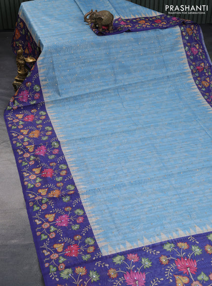 Semi tussar saree light blue and blue with zari woven buttas & prints and temple deisgn kalamkari printed mirror work border