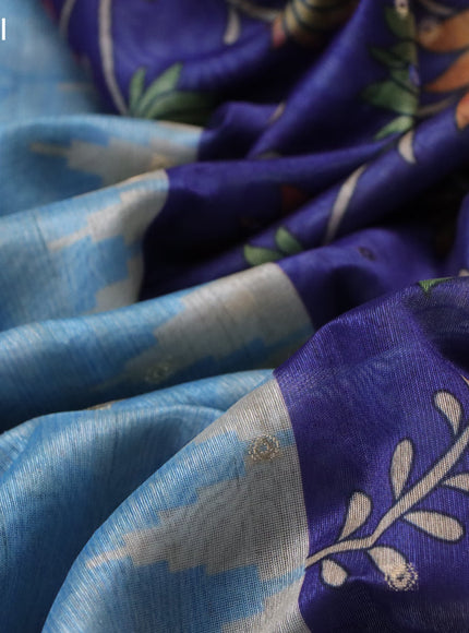 Semi tussar saree light blue and blue with zari woven buttas & prints and temple deisgn kalamkari printed mirror work border