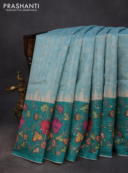 Semi tussar saree teal blue and green with zari woven buttas & prints and temple deisgn kalamkari printed mirror work border