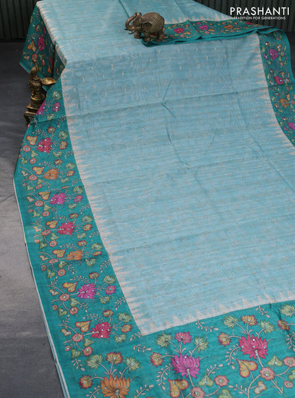 Semi tussar saree teal blue and green with zari woven buttas & prints and temple deisgn kalamkari printed mirror work border