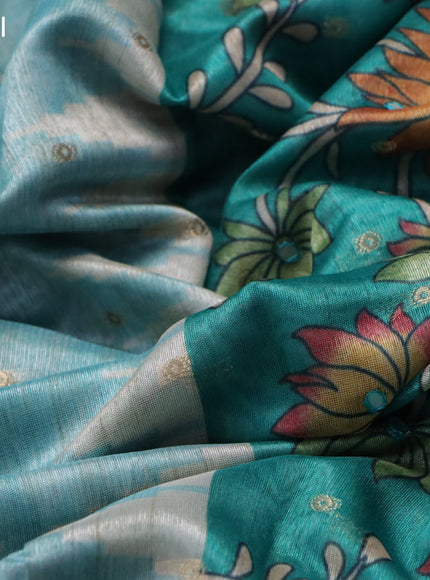 Semi tussar saree teal blue and green with zari woven buttas & prints and temple deisgn kalamkari printed mirror work border