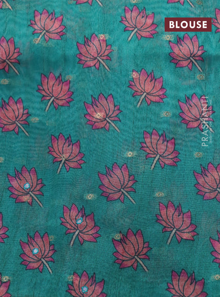 Semi tussar saree teal blue and green with zari woven buttas & prints and temple deisgn kalamkari printed mirror work border