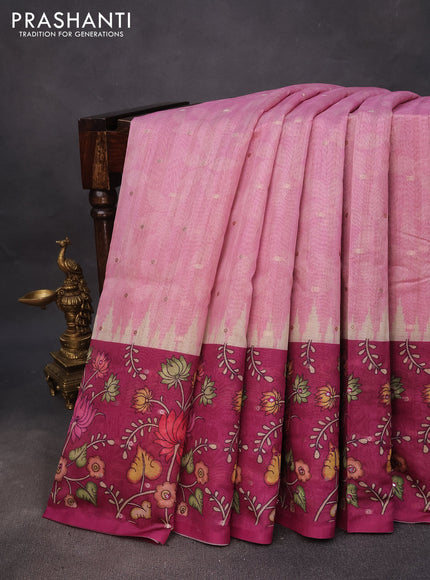 Semi tussar saree pastel pink and magenta pink with zari woven buttas & prints and temple deisgn kalamkari printed mirror work border