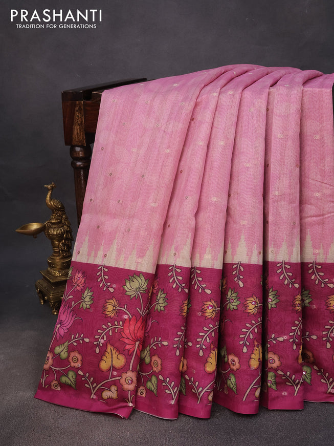 Semi tussar saree pastel pink and magenta pink with zari woven buttas & prints and temple deisgn kalamkari printed mirror work border