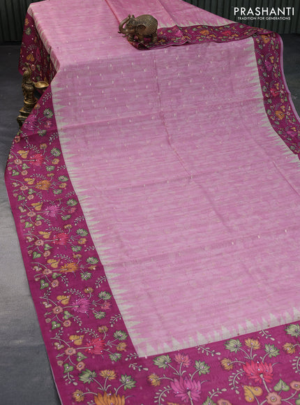 Semi tussar saree pastel pink and magenta pink with zari woven buttas & prints and temple deisgn kalamkari printed mirror work border