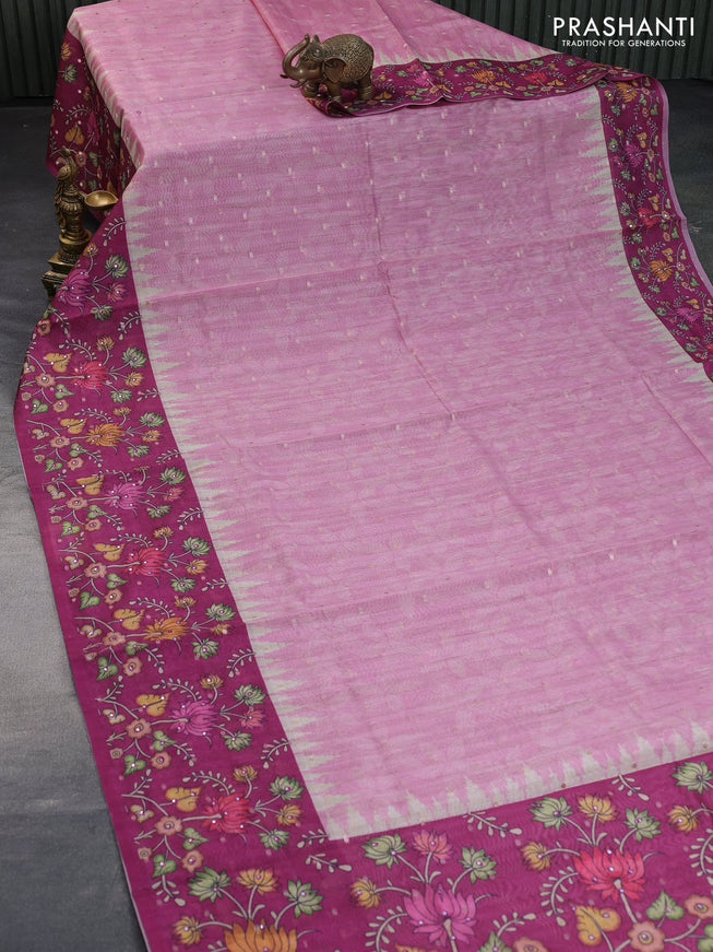 Semi tussar saree pastel pink and magenta pink with zari woven buttas & prints and temple deisgn kalamkari printed mirror work border