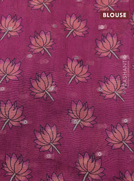 Semi tussar saree pastel pink and magenta pink with zari woven buttas & prints and temple deisgn kalamkari printed mirror work border