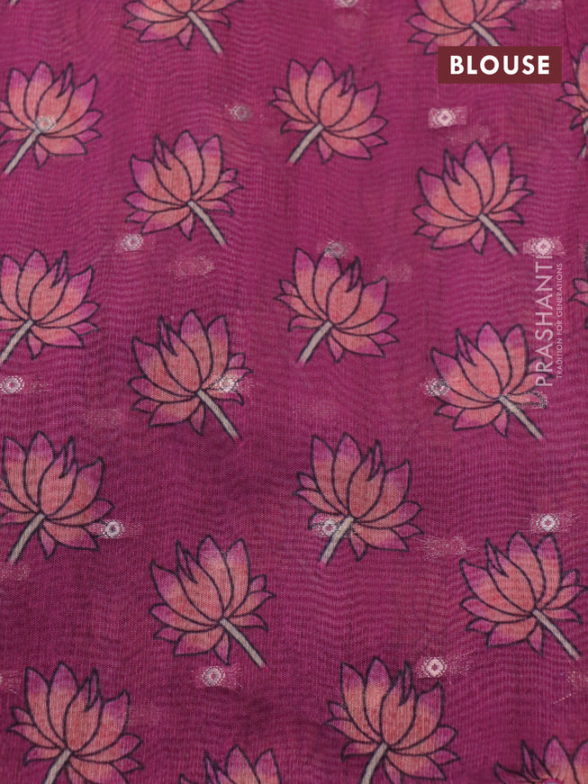 Semi tussar saree pastel pink and magenta pink with zari woven buttas & prints and temple deisgn kalamkari printed mirror work border