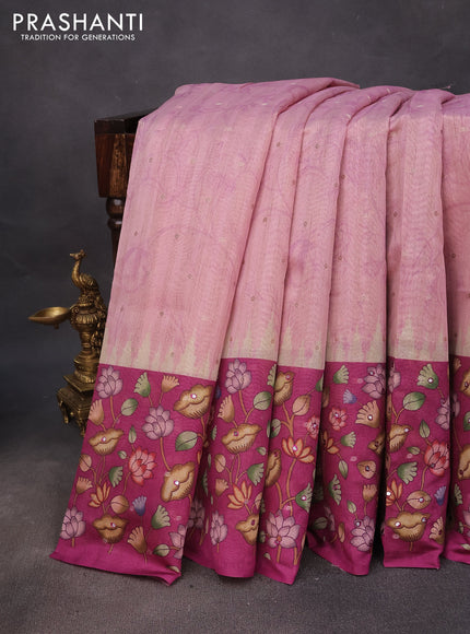 Semi tussar saree pastel pink and magenta pink with zari woven buttas & prints and temple deisgn kalamkari printed mirror work border