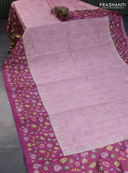 Semi tussar saree pastel pink and magenta pink with zari woven buttas & prints and temple deisgn kalamkari printed mirror work border