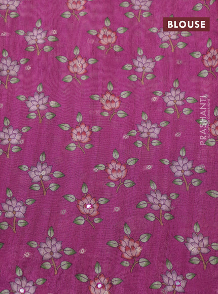 Semi tussar saree pastel pink and magenta pink with zari woven buttas & prints and temple deisgn kalamkari printed mirror work border