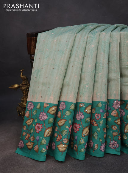 Semi tussar saree pastel green and teal green with zari woven buttas & prints and temple deisgn kalamkari printed mirror work border