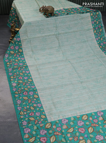 Semi tussar saree pastel green and teal green with zari woven buttas & prints and temple deisgn kalamkari printed mirror work border