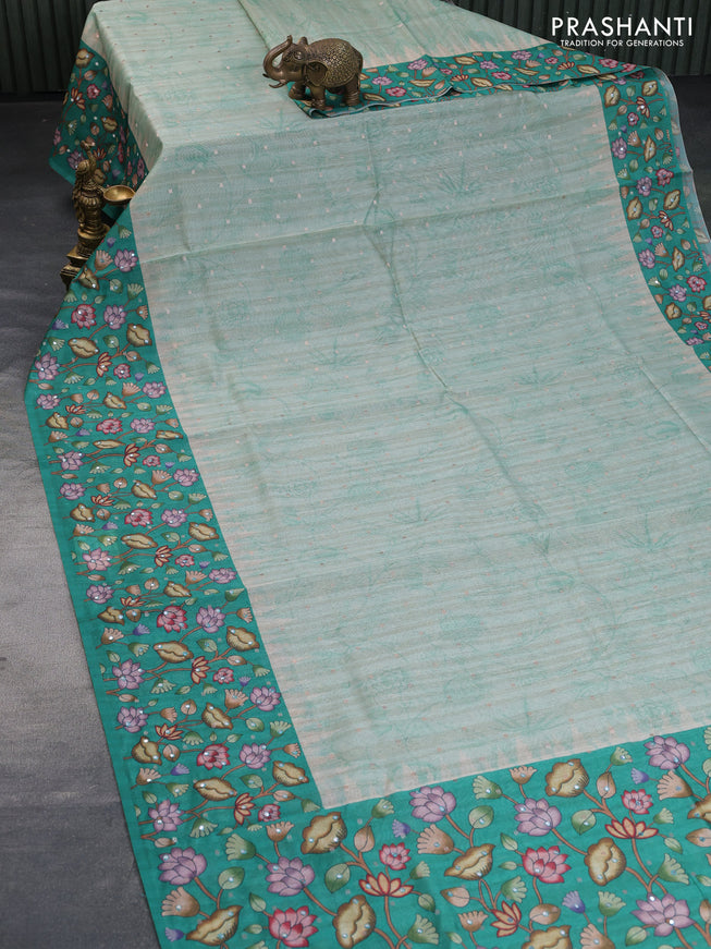 Semi tussar saree pastel green and teal green with zari woven buttas & prints and temple deisgn kalamkari printed mirror work border