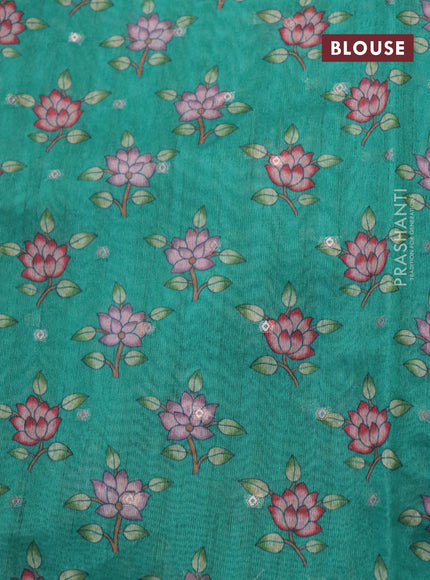 Semi tussar saree pastel green and teal green with zari woven buttas & prints and temple deisgn kalamkari printed mirror work border