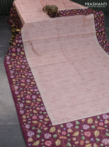 Semi tussar saree pastel peach and wine shade with zari woven buttas & prints and temple deisgn kalamkari printed mirror work border