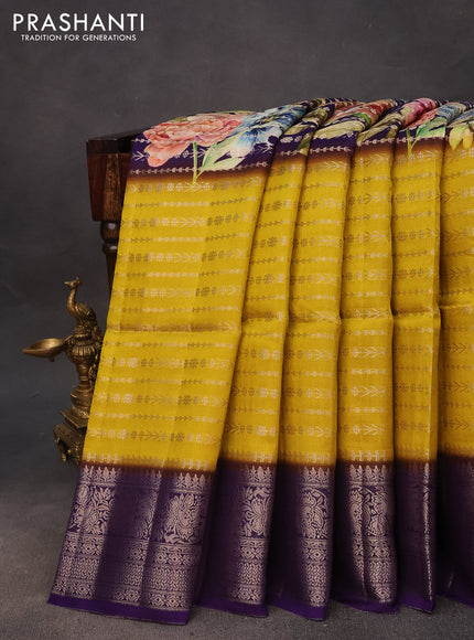 Semi raw silk saree deep violet and yellow with allover zari weaves & floral digital prints and zari woven border