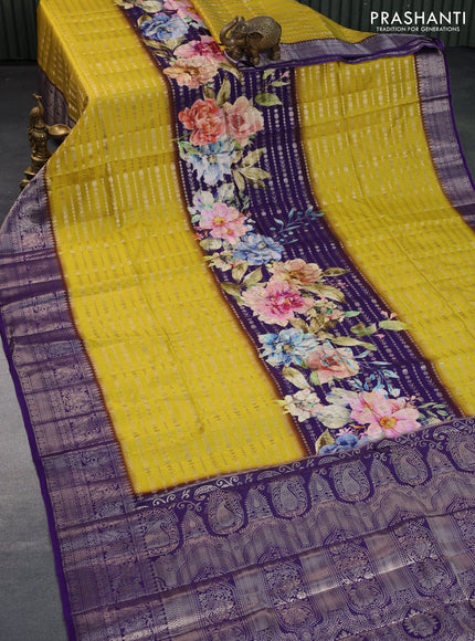 Semi raw silk saree deep violet and yellow with allover zari weaves & floral digital prints and zari woven border