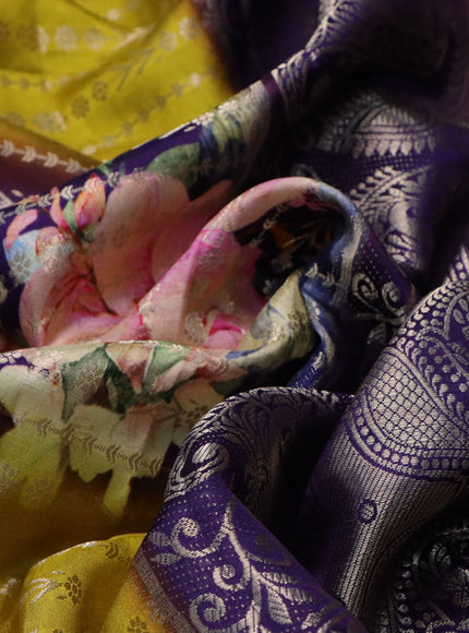 Semi raw silk saree deep violet and yellow with allover zari weaves & floral digital prints and zari woven border