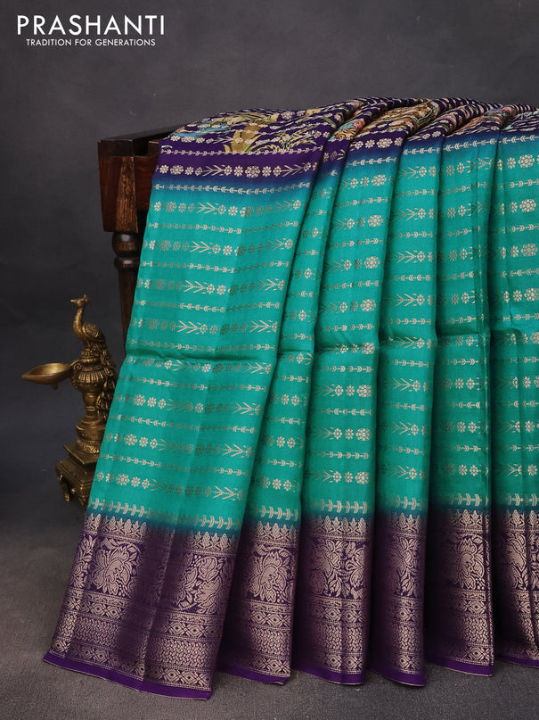 Semi raw silk saree deep violet and teal green with allover zari weaves & kalamkari digital prints and zari woven border