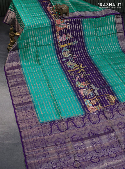 Semi raw silk saree deep violet and teal green with allover zari weaves & kalamkari digital prints and zari woven border