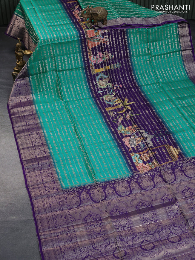 Semi raw silk saree deep violet and teal green with allover zari weaves & kalamkari digital prints and zari woven border