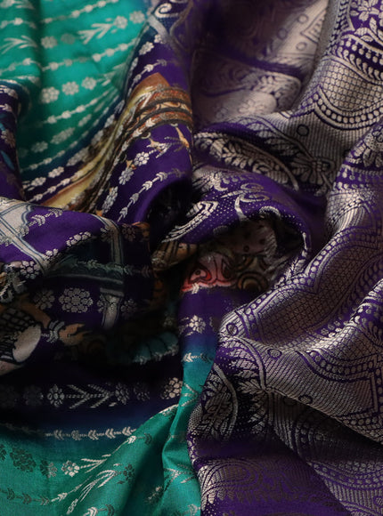 Semi raw silk saree deep violet and teal green with allover zari weaves & kalamkari digital prints and zari woven border