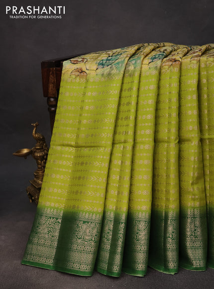 Semi raw silk saree pale yellow and lime green with allover zari weaves & floral digital prints and zari woven border