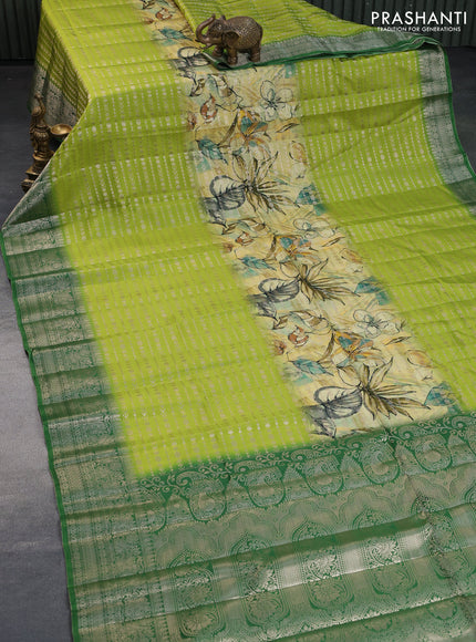 Semi raw silk saree pale yellow and lime green with allover zari weaves & floral digital prints and zari woven border