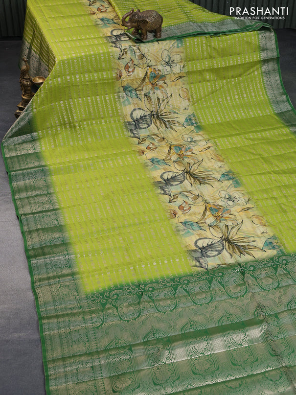 Semi raw silk saree pale yellow and lime green with allover zari weaves & floral digital prints and zari woven border