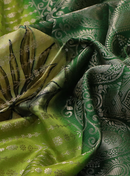 Semi raw silk saree pale yellow and lime green with allover zari weaves & floral digital prints and zari woven border