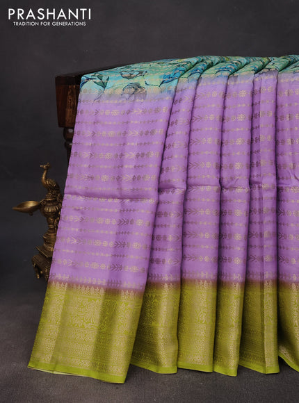 Semi raw silk saree teal blue and llight green lavender with allover zari weaves & floral digital prints and zari woven border