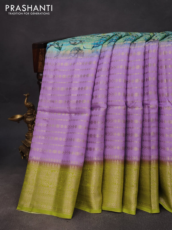 Semi raw silk saree teal blue and llight green lavender with allover zari weaves & floral digital prints and zari woven border