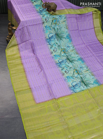 Semi raw silk saree teal blue and llight green lavender with allover zari weaves & floral digital prints and zari woven border