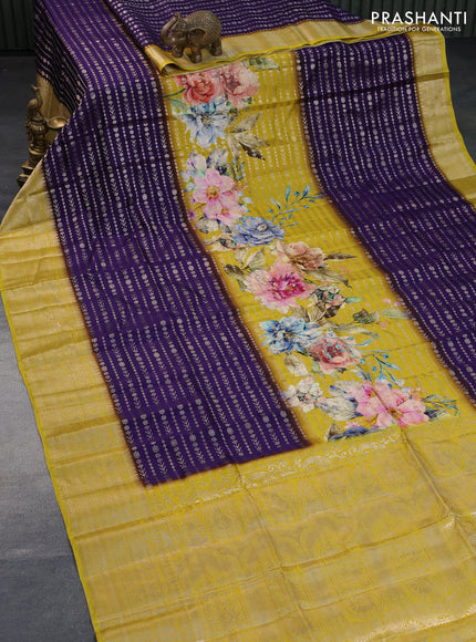 Semi raw silk saree mustard shade and deep violet with allover zari weaves & floral digital prints and zari woven border