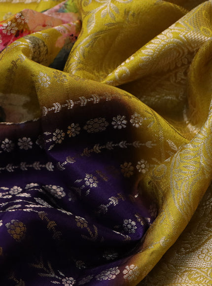 Semi raw silk saree mustard shade and deep violet with allover zari weaves & floral digital prints and zari woven border