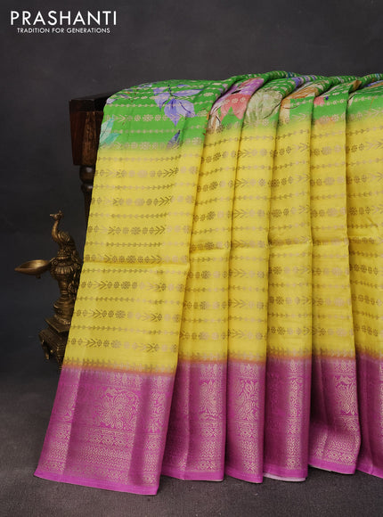 Semi raw silk saree green and pink with allover zari weaves & floral digital prints and zari woven border