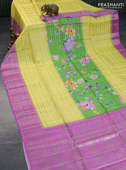 Semi raw silk saree green and pink with allover zari weaves & floral digital prints and zari woven border