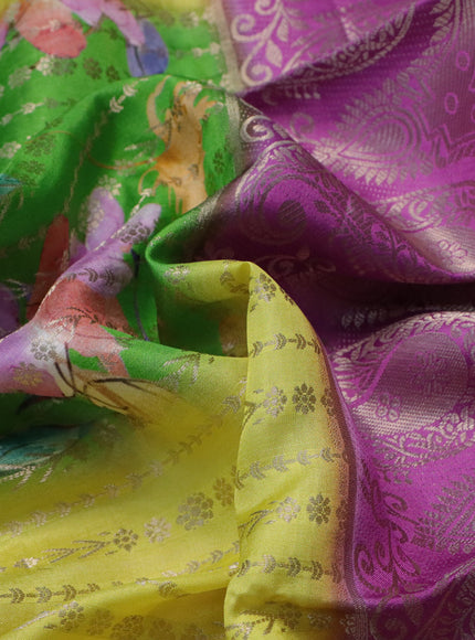 Semi raw silk saree green and pink with allover zari weaves & floral digital prints and zari woven border