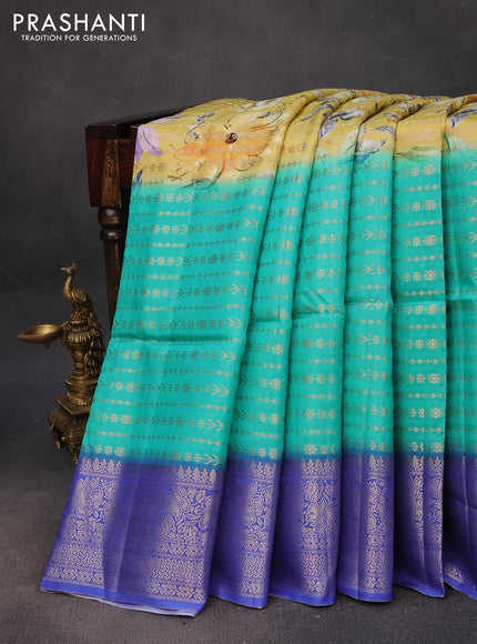 Semi raw silk saree sandal and blue shade with allover zari weaves & floral digital prints and zari woven border