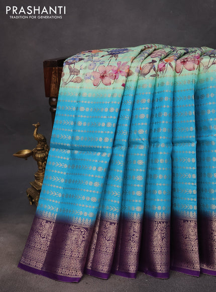 Semi raw silk saree pastel green and cs blue violet with allover zari weaves & floral digital prints and zari woven border