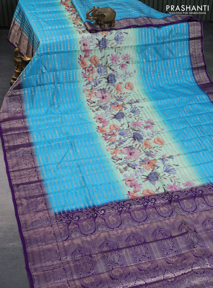 Semi raw silk saree pastel green and cs blue violet with allover zari weaves & floral digital prints and zari woven border