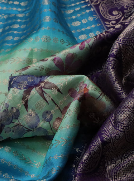 Semi raw silk saree pastel green and cs blue violet with allover zari weaves & floral digital prints and zari woven border