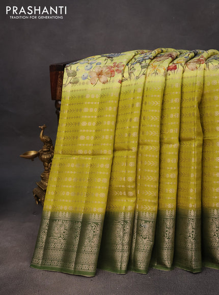 Semi raw silk saree lime shade and green with allover zari weaves & floral digital prints and zari woven border