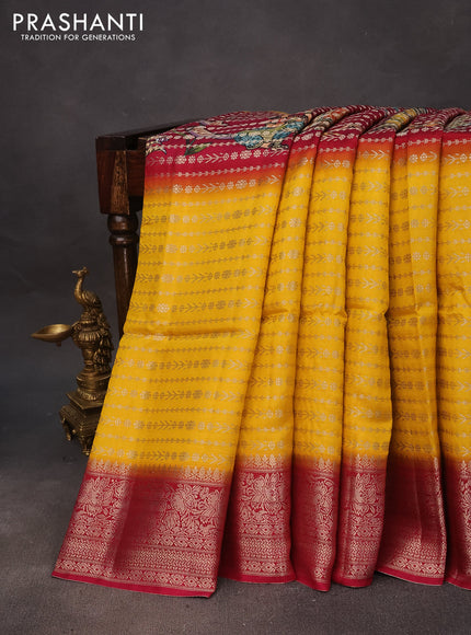 Semi raw silk saree maroon shade and yellow with allover zari weaves & kalamkari digital prints and zari woven border