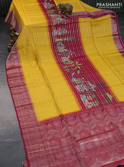 Semi raw silk saree maroon shade and yellow with allover zari weaves & kalamkari digital prints and zari woven border