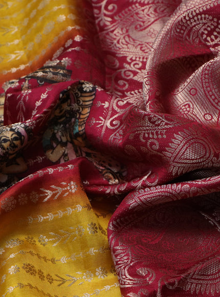 Semi raw silk saree maroon shade and yellow with allover zari weaves & kalamkari digital prints and zari woven border