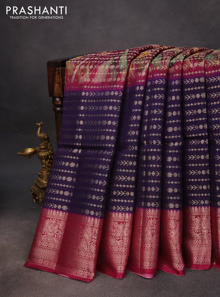 Semi raw silk saree dark magenta and deep violet with allover zari weaves & floral digital prints and zari woven border