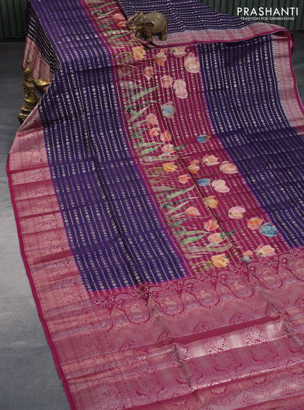 Semi raw silk saree dark magenta and deep violet with allover zari weaves & floral digital prints and zari woven border