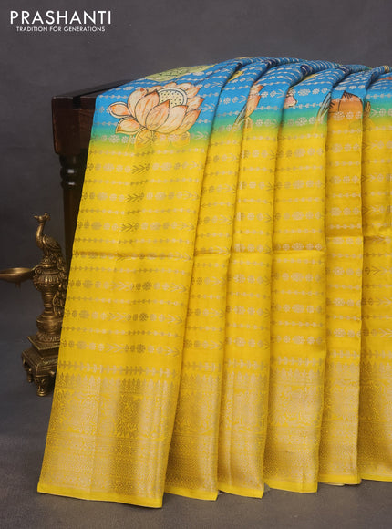 Semi raw silk saree cs blue and yellow with allover zari weaves & kalamkari digital prints and zari woven border